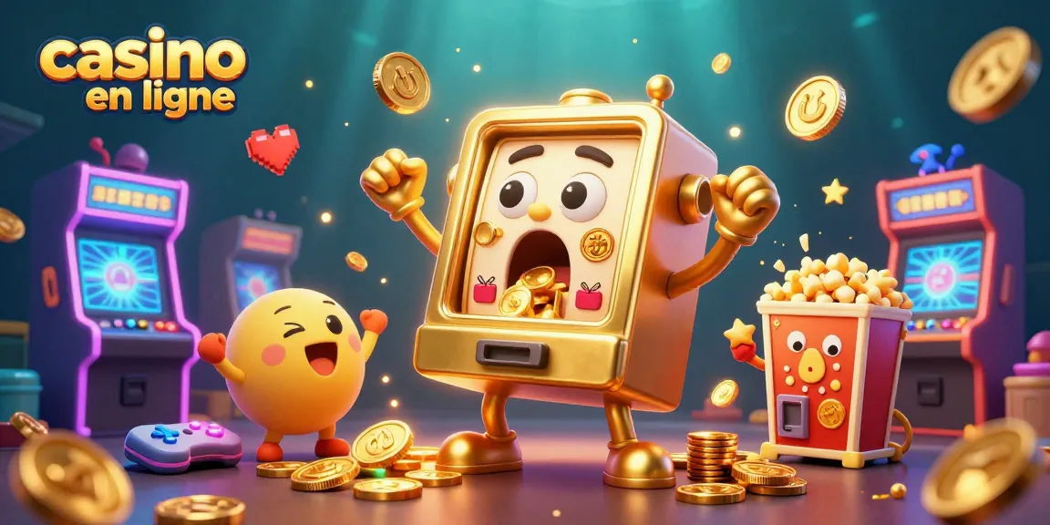Jouer au casino en ligne avec une machine à sous dorée célébrant son jackpot, entourée de jeux animés.