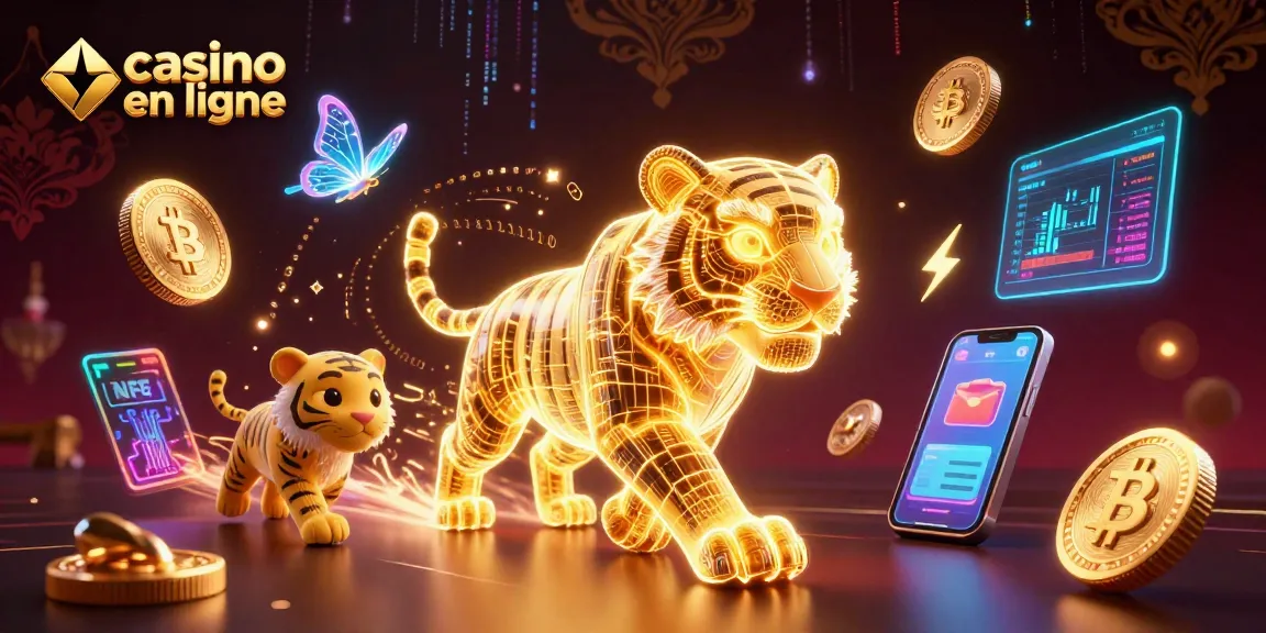 Découvrez l'expérience immersive du casino en ligne avec un tigre lumineux et des éléments de jeu futuristes.