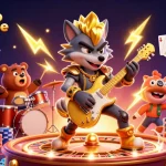 Vibrez avec le casino en ligne : un loup rockstar et un ours sur scène, entourés de pièces dorées et de cartes gagnantes.
