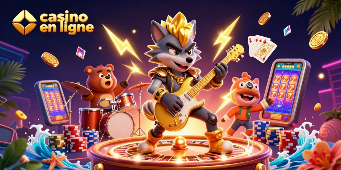 Vibrez avec le casino en ligne : un loup rockstar et un ours sur scène, entourés de pièces dorées et de cartes gagnantes.