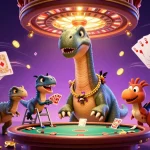 Gagnez des jackpots au casino en ligne avec un brontosaurus et un raptor, ambiance festive.