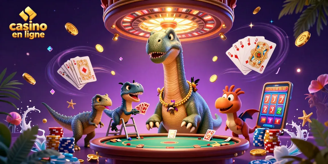 Gagnez des jackpots au casino en ligne avec un brontosaurus et un raptor, ambiance festive.