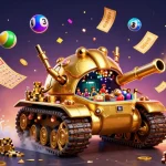 Jouez à casino en ligne avec ce tank doré unique abritant un mini casino, entouré de boules numériques colorées.