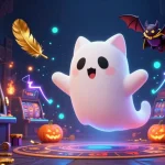 Engage in thrilling slot bet 200 action with a ghost cat and vampire bat in a vibrant casino scene.