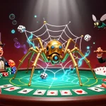 Le casino en ligne offre une scène animée avec une araignée steampunk construisant une toile de pièces de poker et des dés, illustrant l'excitation du jeu.
