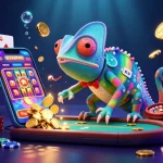 Siti scommesse non aams: chameleontico proprietario di un casinò circondato da elementi giochi e simboli d'azzardo.