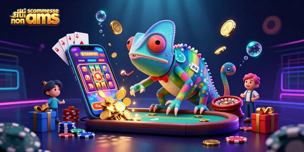 Siti scommesse non aams: chameleontico proprietario di un casinò circondato da elementi giochi e simboli d'azzardo.