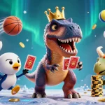 Experience thrilling gameplay with 9bet88 as cartoon dinosaurs engage in dynamic casino fun with cards and chips.