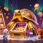 Casino en ligne : Colossal tortue dorée jouant à la machine à sous avec des animaux à l'intérieur
