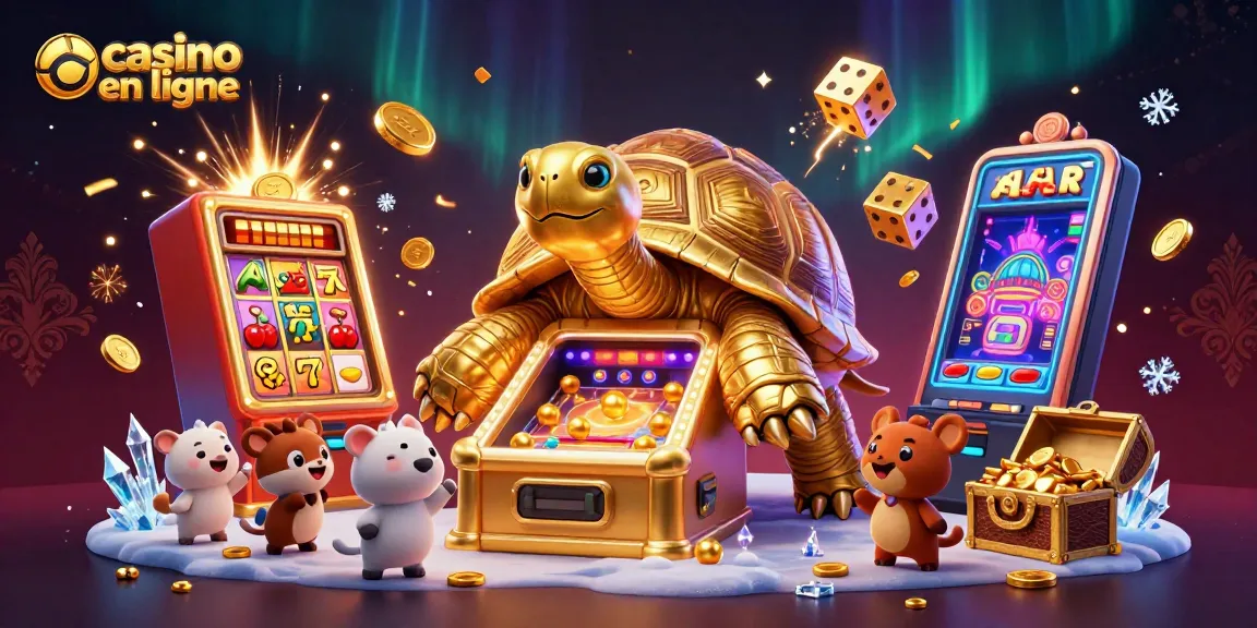 Casino en ligne : Colossal tortue dorée jouant à la machine à sous avec des animaux à l'intérieur