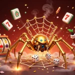 Engage with pgslot16 in this dynamic 3D illustration featuring a steampunk golden spider and vibrant casino elements.