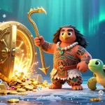 Kobe-themed 3D illustration with a demigod hawk and turtle in a vibrant casino scene.