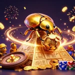 Jouer sur un casino en ligne avec des machines à sous et des jeux de carte, entouré de pièces d'or et de confettis.