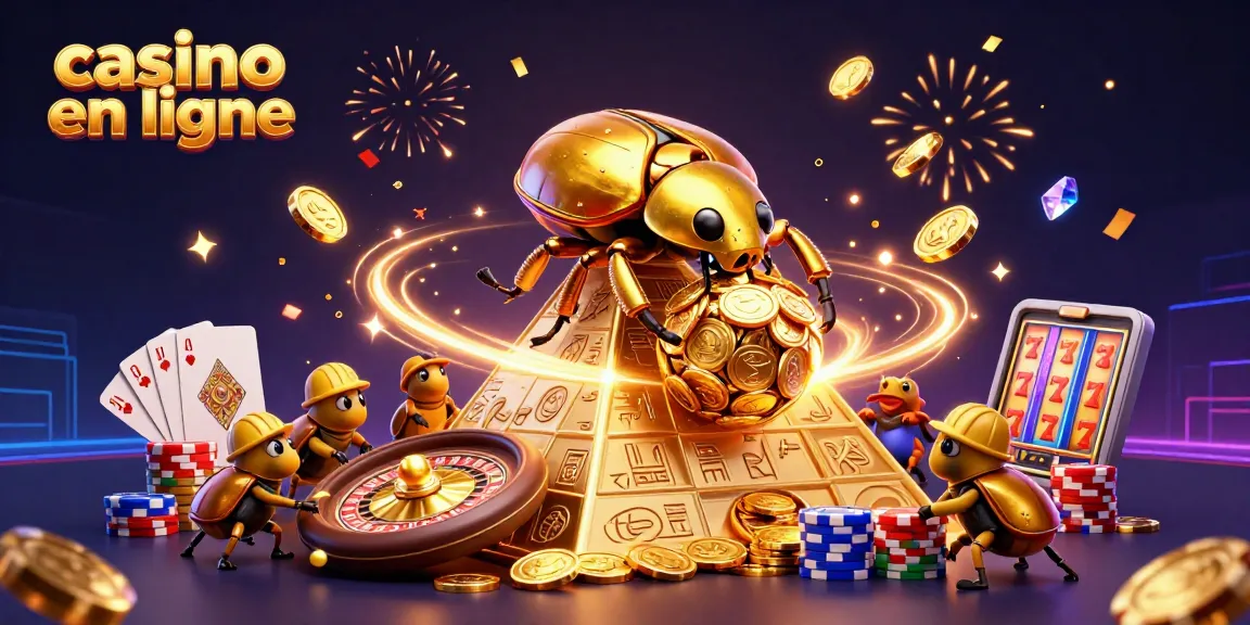 Jouer sur un casino en ligne avec des machines à sous et des jeux de carte, entouré de pièces d'or et de confettis.