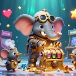 I giochi del usdt casino animati da un elefante steampunk mentre opera una slot machine dorata.