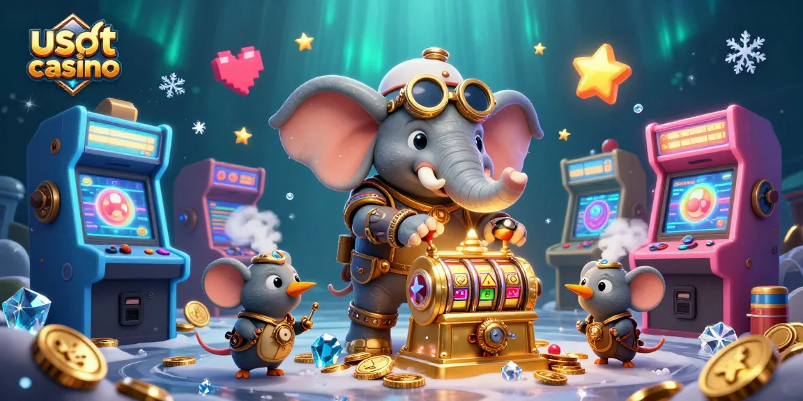 I giochi del usdt casino animati da un elefante steampunk mentre opera una slot machine dorata.
