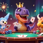 Découvrez un site de poker en ligne animé, avec des dinosaures jouant aux cartes autour d'une table pleine de jetons.