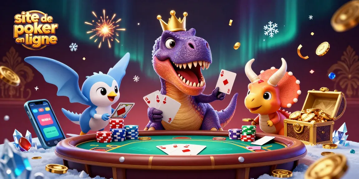 Découvrez un site de poker en ligne animé, avec des dinosaures jouant aux cartes autour d'une table pleine de jetons.