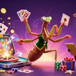 In un casinò non AAMS, una mantide gigante distribuisce carte, mentre un ladybug supervisa nel vivace ambiente di gioco.