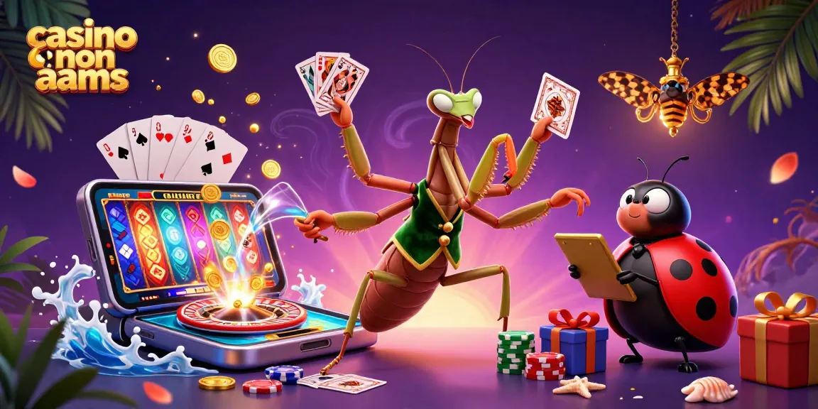 In un casinò non AAMS, una mantide gigante distribuisce carte, mentre un ladybug supervisa nel vivace ambiente di gioco.