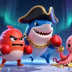Giocando sui siti scommesse, un simpatico squalo pirata, un pesce puffer e un polpo con monete d'oro.