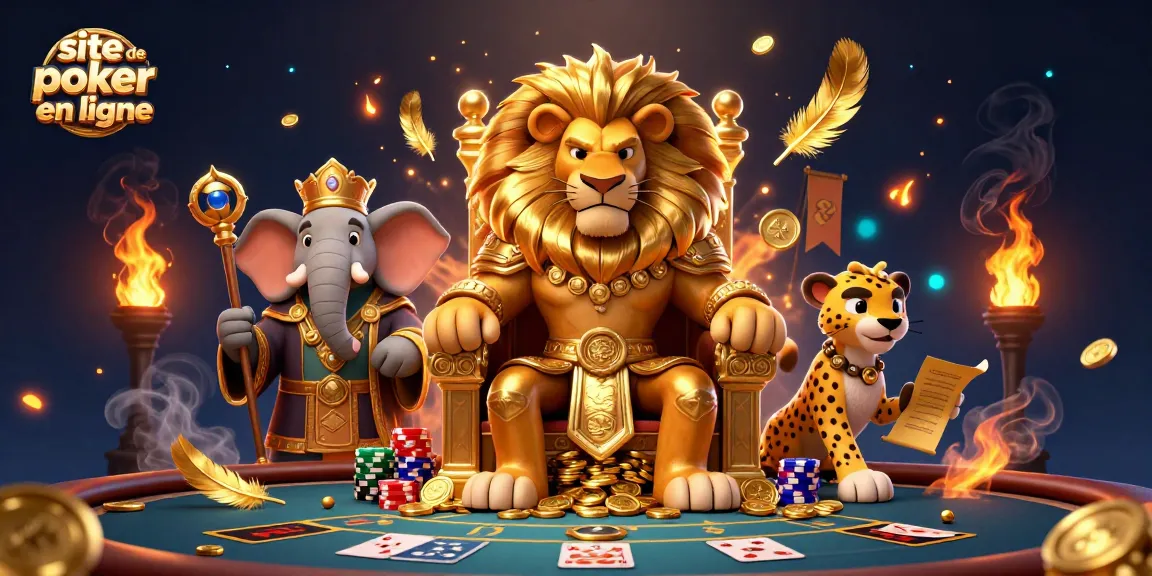 Profitez d’une partie sur un site de poker en ligne, avec nos héros en scène, entourés de jetons et de cartes.