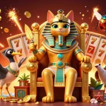 Illustration dynamique d'un casino en ligne avec un chat pharaon et des éléments de jeu.