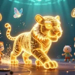 Experience exciting gameplay with 33WIN as the glowing golden tiger navigates a vibrant crypto casino.