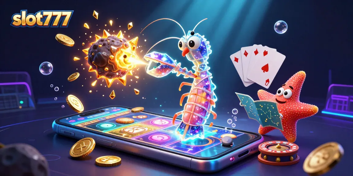 Experience the excitement of slot777 with a galactic shrimp battling asteroids and colorful slot games.