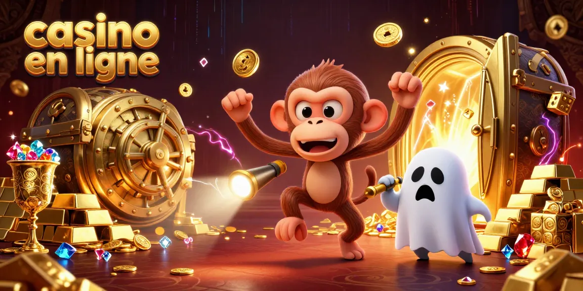 Visuel dynamique d'un casino en ligne avec un singe poltergeist et un chiot chasseur de fantômes.