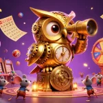 Plongez dans l'univers du casino en ligne avec une scène dynamique animée par une chouette d'or et des jeux captivants.
