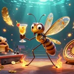 Illustration immersive de casino en ligne avec un moustique mascotte et un DJ trilobite.