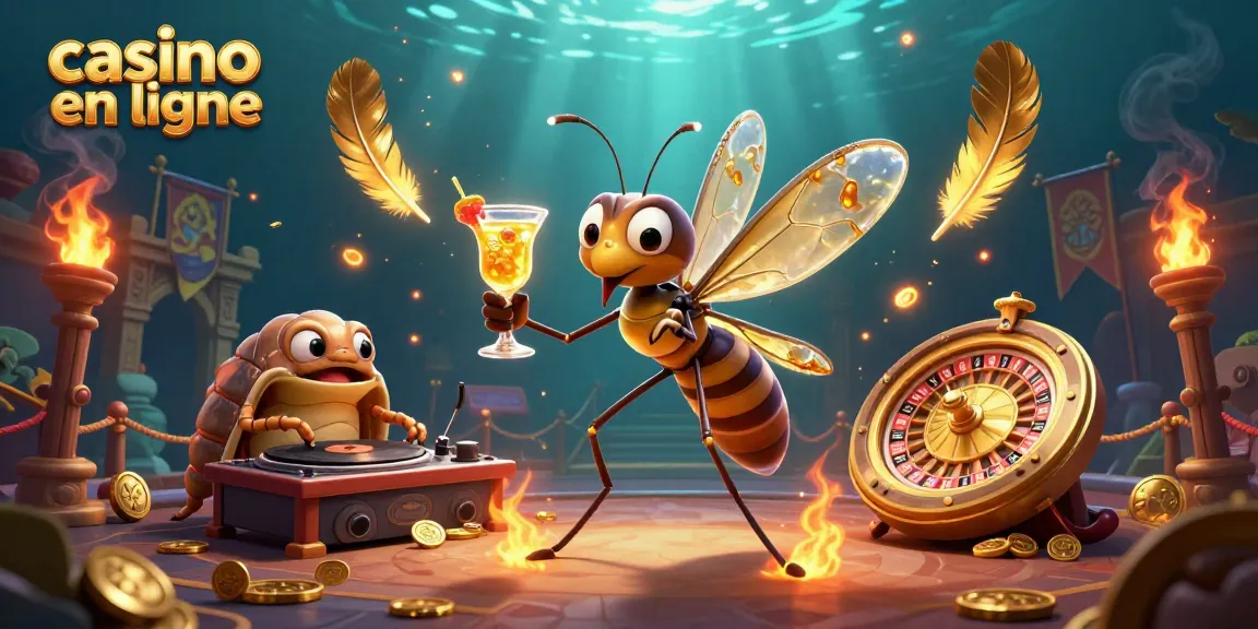 Illustration immersive de casino en ligne avec un moustique mascotte et un DJ trilobite.