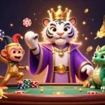 Faites vos jeux avec casino en ligne : un tigre élégant et un singe jongleur sur un fond enchanteur.