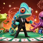 Illustration dynamique d'un casino en ligne avec un caméléon agent secret, un gecko technologue et une pieuvre, entourés de cartes et jetons.