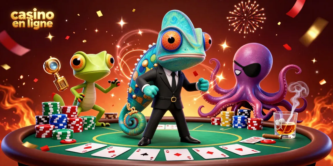 Illustration dynamique d'un casino en ligne avec un caméléon agent secret, un gecko technologue et une pieuvre, entourés de cartes et jetons.