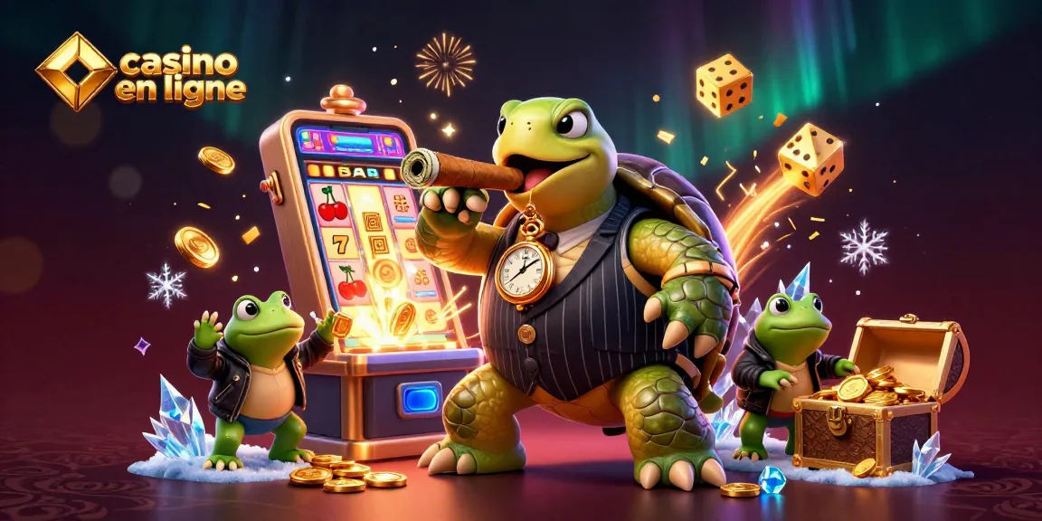Un jeu captivant de casino en ligne avec des personnages vibrants de tortue et de grenouille, des machines à sous et des symboles riches.