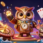 Animer une scène de jeu captivante sur un site de paris sportif avec un hibou en steampunk et des éléments de casino.