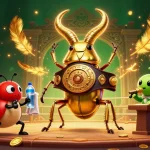 La scène dynamique de combat de casino en ligne avec un scarabée doré et un aréna illuminé.