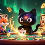 Les joueurs tentent leur chance au casino en ligne avec des jetons d'or et un chat noir galactique.