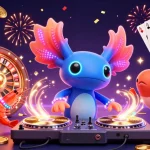 Casino en ligne : animation festive avec un DJ axolotl et des jeux de casino.
