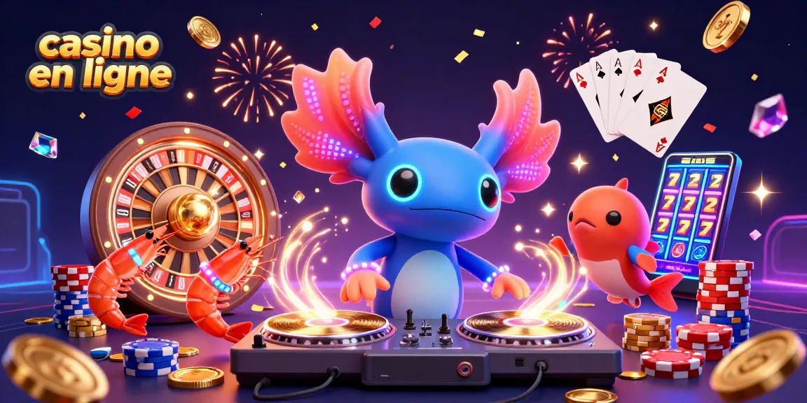 Casino en ligne : animation festive avec un DJ axolotl et des jeux de casino.