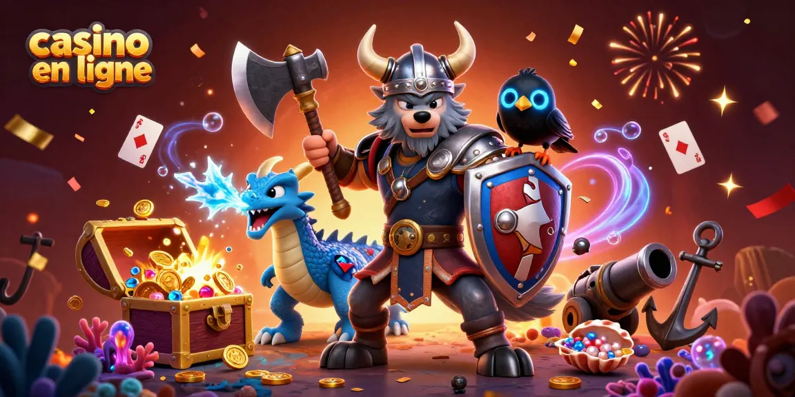 Viking loup guerrier et dragon en scène dynamique pour le casino en ligne.