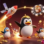 Xoilac 365 fuels excitement by showcasing a golden penguin racing towards a casino spaceship, chasing profitable adventures.