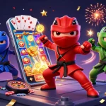 Link 88vv showcases ninja chameleons amid a vibrant online gaming scene with slots and casino elements.