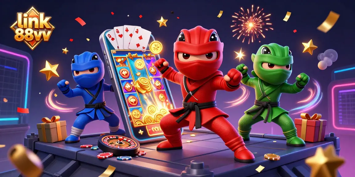 Link 88vv showcases ninja chameleons amid a vibrant online gaming scene with slots and casino elements.