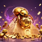 Jouer au casino en ligne avec une scène dynamique de coccinelles d'or entourées de billets de loterie colorés.