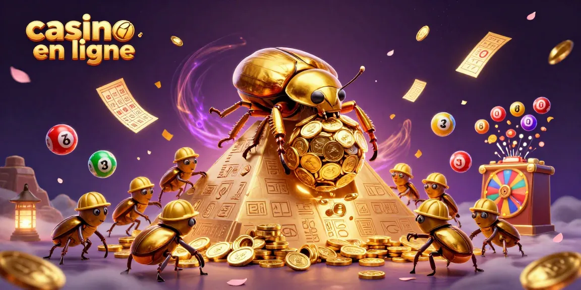 Jouer au casino en ligne avec une scène dynamique de coccinelles d'or entourées de billets de loterie colorés.