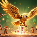 Vivez l'expérience du casino en ligne avec notre aigle doré immersif plongeant au milieu des jeux de cartes.
