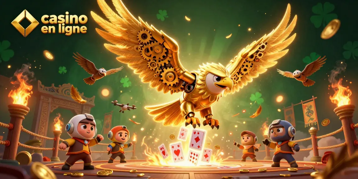 Vivez l'expérience du casino en ligne avec notre aigle doré immersif plongeant au milieu des jeux de cartes.